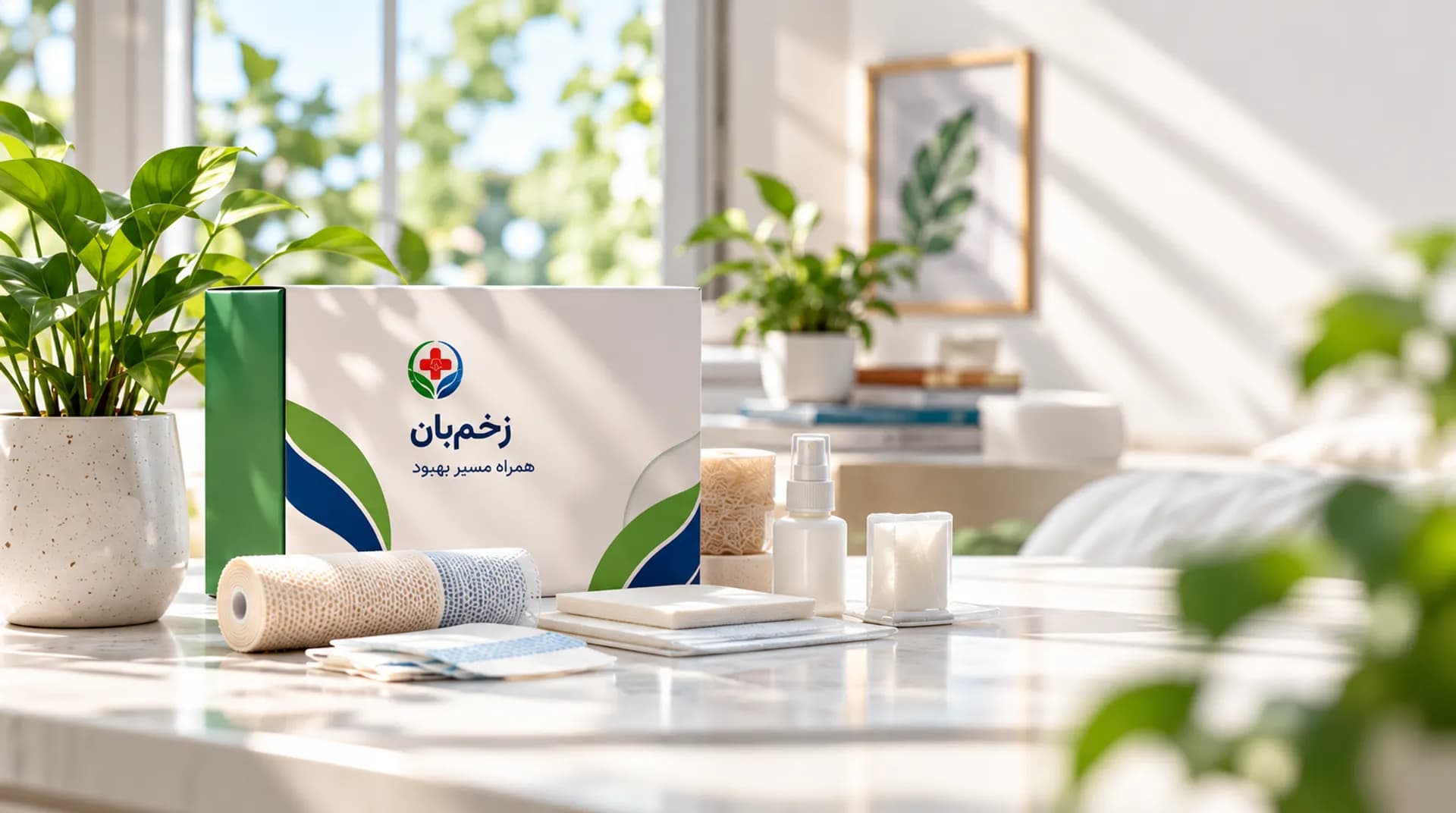 محصولات مراقبت از زخم زخمبان روی میز در فضای روشن خانه